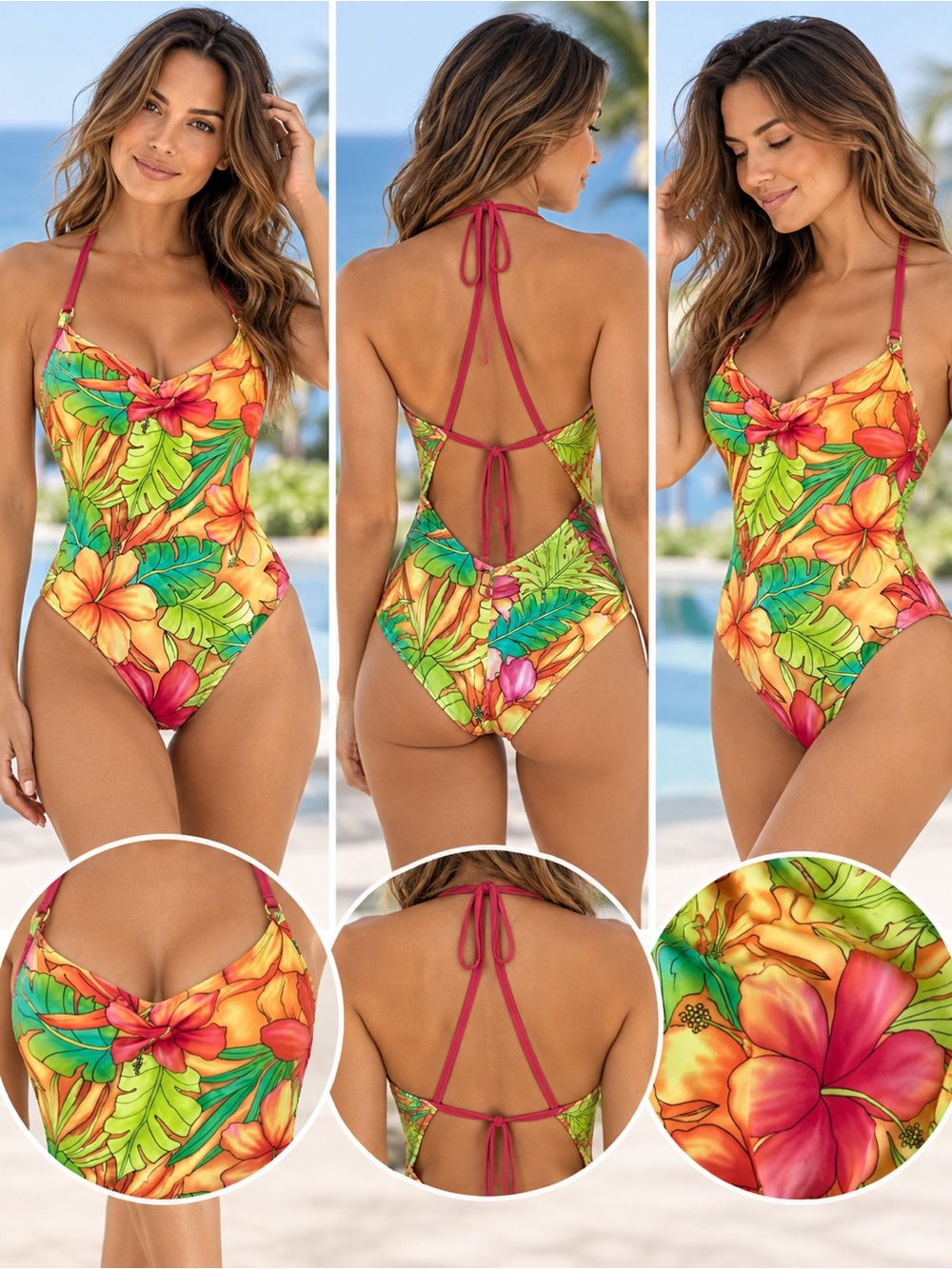Sandy Feet Tropical Floral One-Piece Swimsuit – Multicolor Halter Style